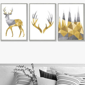 Set of 3 Geometric Yellow Grey Stags Set Wall Art Prints / 50x70cm / Light Grey Frame