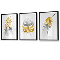 Set of 3 Geometric Yellow Grey Tropical Leaves Wall Art Prints / 42x59cm (A2) / Black Frame