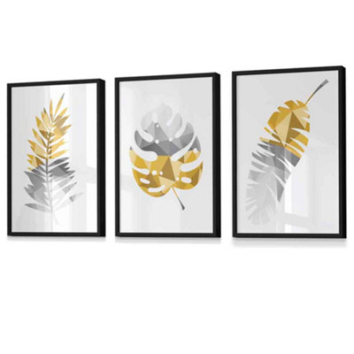 Set of 3 Geometric Yellow Grey Tropical Leaves Wall Art Prints / 42x59cm (A2) / Black Frame