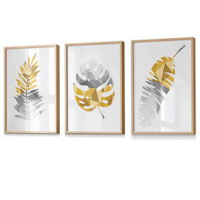 Set of 3 Geometric Yellow Grey Tropical Leaves Wall Art Prints / 42x59cm (A2) / Oak Frame