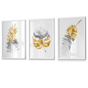 Set of 3 Geometric Yellow Grey Tropical Leaves Wall Art Prints / 42x59cm (A2) / White Frame