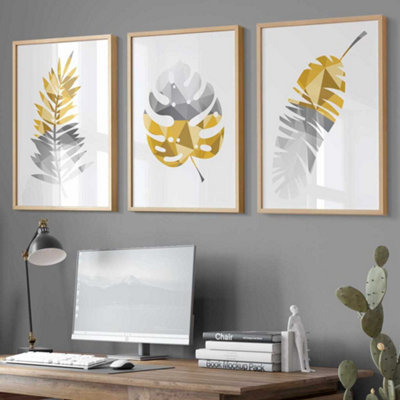 Set of 3 Geometric Yellow Grey Tropical Leaves Wall Art Prints / 42x59cm (A2) / White Frame