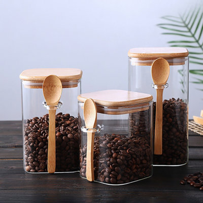 Set of 3 Glass Storage Jars with Bamboo Spoons and Lids 3 Sizes