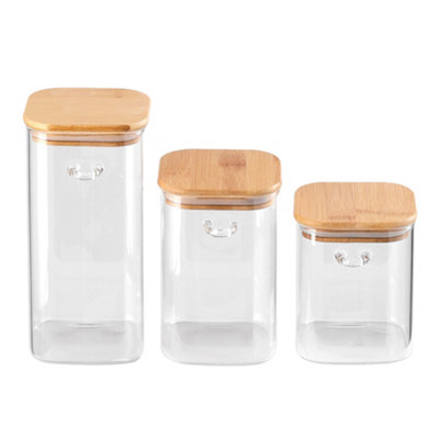 Set of 3 Glass Storage Jars with Bamboo Spoons and Lids 3 Sizes