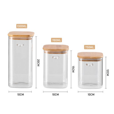 Set of 3 Glass Storage Jars with Bamboo Spoons and Lids 3 Sizes