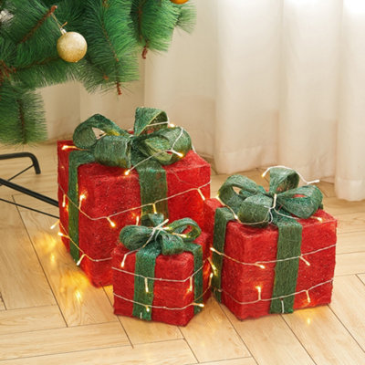 Set of 3 Glitter LED Lighted Christmas Square Gift Box Present Boxes Xmas Tree Decor with Bow