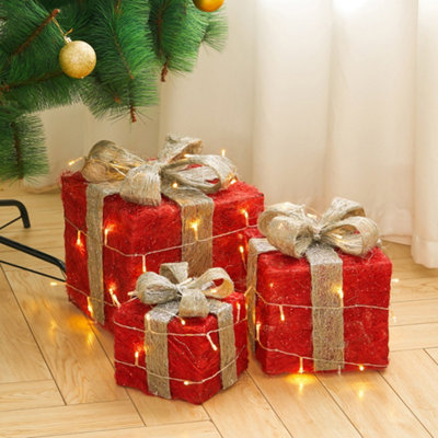 Set of 3 Glitter Light Up Present Boxes Christmas Square Gift Box Xmas Tree Decor Red