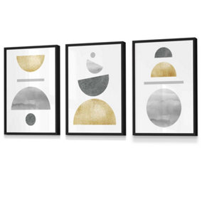 Set of 3 Golden Yellow and Grey Abstract Mid Century Geometric Wall Art Prints / 30x42cm (A3) / Black Frame