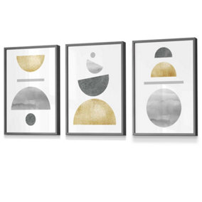 Set of 3 Golden Yellow and Grey Abstract Mid Century Geometric Wall Art Prints / 30x42cm (A3) / Dark Grey Frame