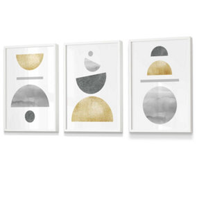 Set of 3 Golden Yellow and Grey Abstract Mid Century Geometric Wall Art Prints / 30x42cm (A3) / White Frame