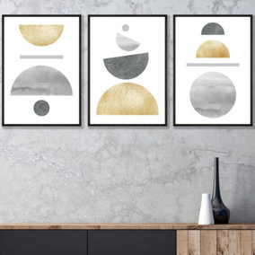 Set of 3 Golden Yellow and Grey Abstract Mid Century Geometric Wall Art Prints / 42x59cm (A2) / Black Frame