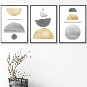 Set of 3 Golden Yellow and Grey Abstract Mid Century Geometric Wall Art Prints / 42x59cm (A2) / Dark Grey Frame