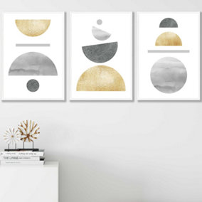 Set of 3 Golden Yellow and Grey Abstract Mid Century Geometric Wall Art Prints / 42x59cm (A2) / White Frame