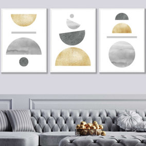 Set of 3 Golden Yellow and Grey Abstract Mid Century Geometric Wall Art Prints / 50x70cm / White Frame