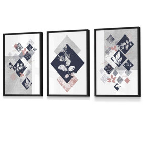 Set of 3 Graphical Abstract Floral Blue Grey Wall Art Prints / 30x42cm (A3) / Black Frame