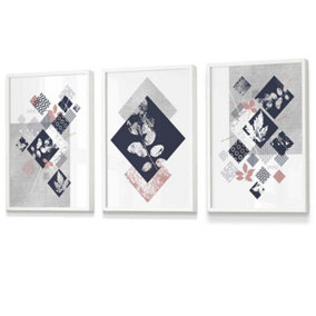 Set of 3 Graphical Abstract Floral Blue Grey Wall Art Prints / 30x42cm (A3) / White Frame