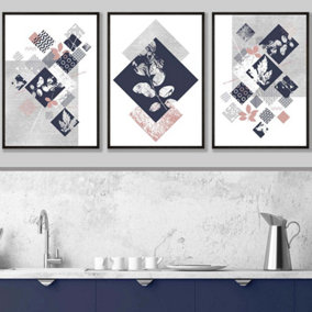 Set of 3 Graphical Abstract Floral Blue Grey Wall Art Prints / 42x59cm (A2) / Black Frame