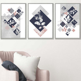 Set of 3 Graphical Abstract Floral Blue Grey Wall Art Prints / 42x59cm (A2) / Light Grey Frame