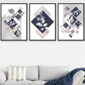 Set of 3 Graphical Abstract Floral Blue Grey Wall Art Prints / 50x70cm / Black Frame