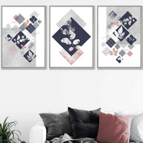 Set of 3 Graphical Abstract Floral Blue Grey Wall Art Prints / 50x70cm / Light Grey Frame