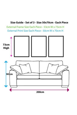 Set of 3 Graphical Abstract Floral Blue Grey Wall Art Prints / 50x70cm / Light Grey Frame