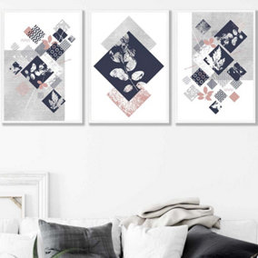 Set of 3 Graphical Abstract Floral Blue Grey Wall Art Prints / 50x70cm / White Frame