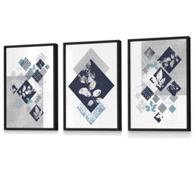 Set of 3 Graphical Abstract Floral Navy Blue Grey Wall Art Prints / 30x42cm (A3) / Black Frame