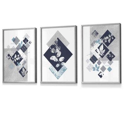 Set of 3 Graphical Abstract Floral Navy Blue Grey Wall Art Prints ...