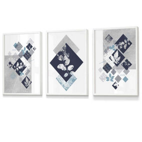 Set of 3 Graphical Abstract Floral Navy Blue Grey Wall Art Prints / 30x42cm (A3) / White Frame