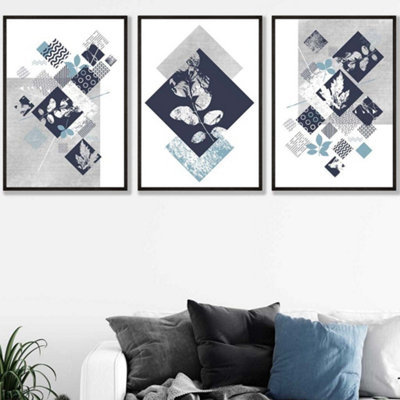 Set of 3 Graphical Abstract Floral Navy Blue Grey Wall Art Prints / 42x59cm (A2) / Black Frame