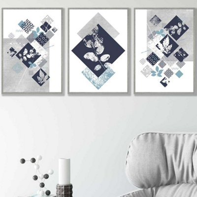 Set of 3 Graphical Abstract Floral Navy Blue Grey Wall Art Prints ...