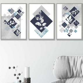 Set of 3 Graphical Abstract Floral Navy Blue Grey Wall Art Prints / 42x59cm (A2) / Light Grey Frame