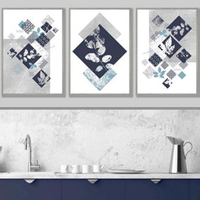 Set of 3 Graphical Abstract Floral Navy Blue Grey Wall Art Prints / 50x70cm / Light Grey Frame