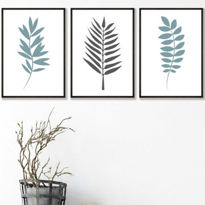 Set of 3 Graphical Blue Grey Leaves Wall Art Prints / 30x42cm (A3 ...