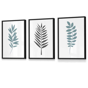 Set of 3 Graphical Blue Grey Leaves Wall Art Prints / 30x42cm (A3) / Black Frame