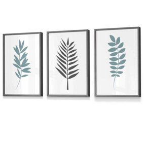 Set of 3 Graphical Blue Grey Leaves Wall Art Prints / 30x42cm (A3) / Dark Grey Frame