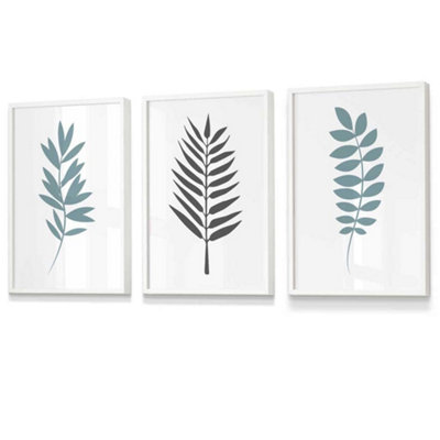 Set of 3 Graphical Blue Grey Leaves Wall Art Prints / 30x42cm (A3 ...