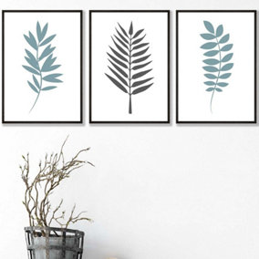 Set of 3 Graphical Blue Grey Leaves Wall Art Prints / 42x59cm (A2) / Black Frame