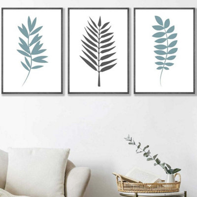 Set Of 3 Graphical Blue Grey Leaves Wall Art Prints   42x59cm (a2 