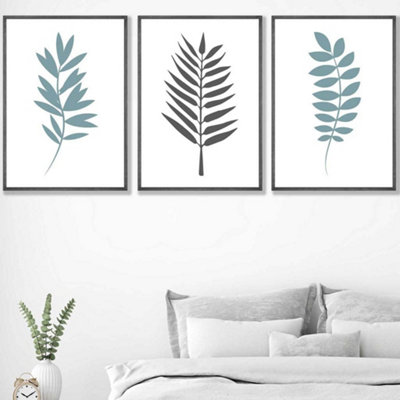 Set of 3 Graphical Blue Grey Leaves Wall Art Prints / 50x70cm / Dark ...