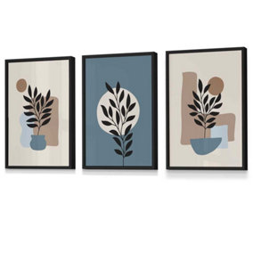 Set of 3 Graphical Boho Floral Teal and Beige Botanical Wall Art Prints / 30x42cm (A3) / Black Frame
