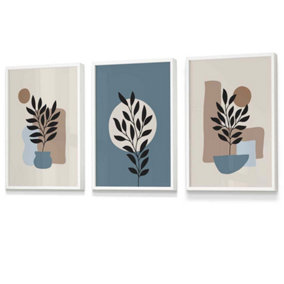 Set of 3 Graphical Boho Floral Teal and Beige Botanical Wall Art Prints / 30x42cm (A3) / White Frame