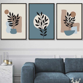 Set of 3 Graphical Boho Floral Teal and Beige Botanical Wall Art Prints / 50x70cm / Black Frame