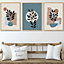 Set of 3 Graphical Boho Floral Teal and Beige Botanical Wall Art Prints / 50x70cm / Oak Frame