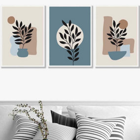 Set of 3 Graphical Boho Floral Teal and Beige Botanical Wall Art Prints / 50x70cm / White Frame