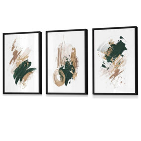 Set of 3 Green, Beige and Gold Prints of Abstract Oil Paintings Wall Art Prints / 42x59cm (A2) / Black Frame