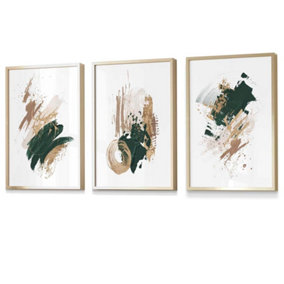 Set of 3 Green, Beige and Gold Prints of Abstract Oil Paintings Wall Art Prints / 42x59cm (A2) / Gold Frame