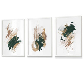 Set of 3 Green, Beige and Gold Prints of Abstract Oil Paintings Wall Art Prints / 42x59cm (A2) / White Frame