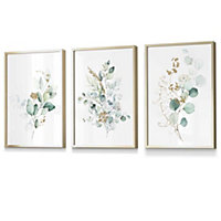 Set of 3 Green Blue Watercolour Eucalyptus Set 1 Wall Art Prints / 30x42cm (A3) / Gold Frame