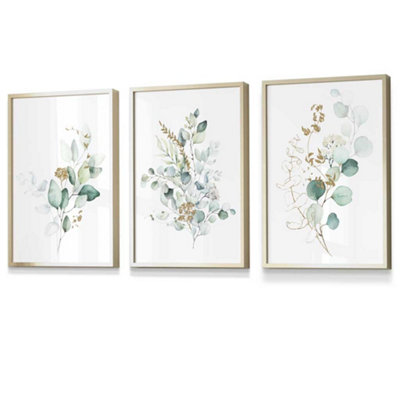 Set of 3 Green Blue Watercolour Eucalyptus Set 1 Wall Art Prints / 30x42cm (A3) / Gold Frame